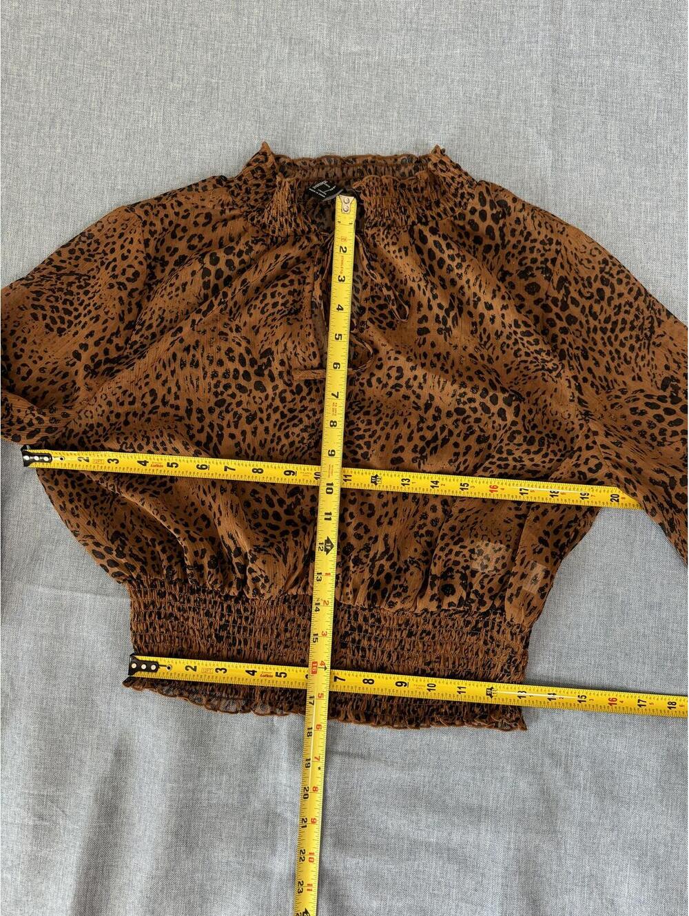 Forever 21 Leopard Print Smocked Peasant Blouse | Sheer Boho Top - Picture 6 of 8